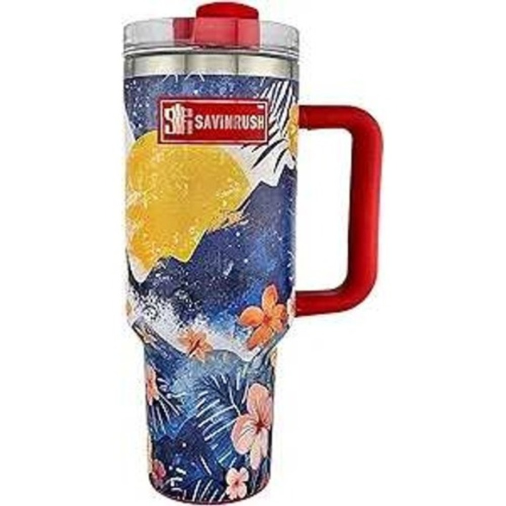 SAVINRUSH Insulated Tumbler with Handle & Straw, Floral‎ Print, Travel Mug